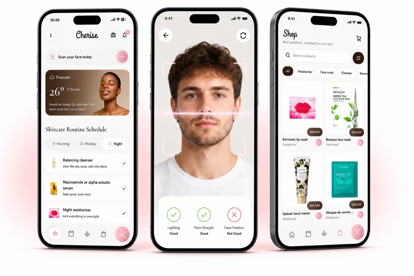 Three Cherise app screens: the daily skincare routine home with Douala weather, the face scan with live guidance, and the shop with products matched to your skin