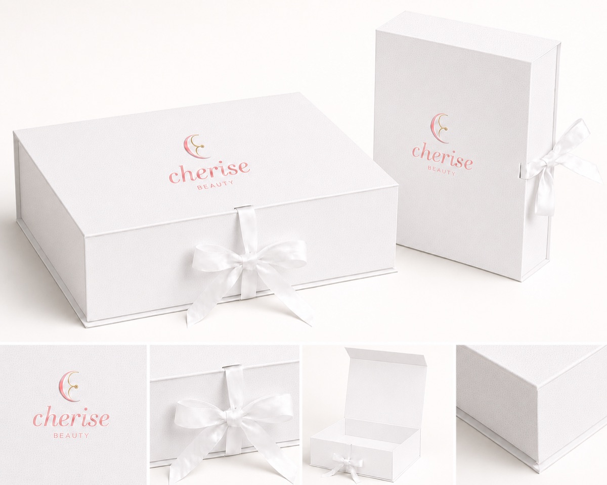 The Cherise box: white keepsake boxes with the Cherise Beauty logo, tied with a white satin ribbon
