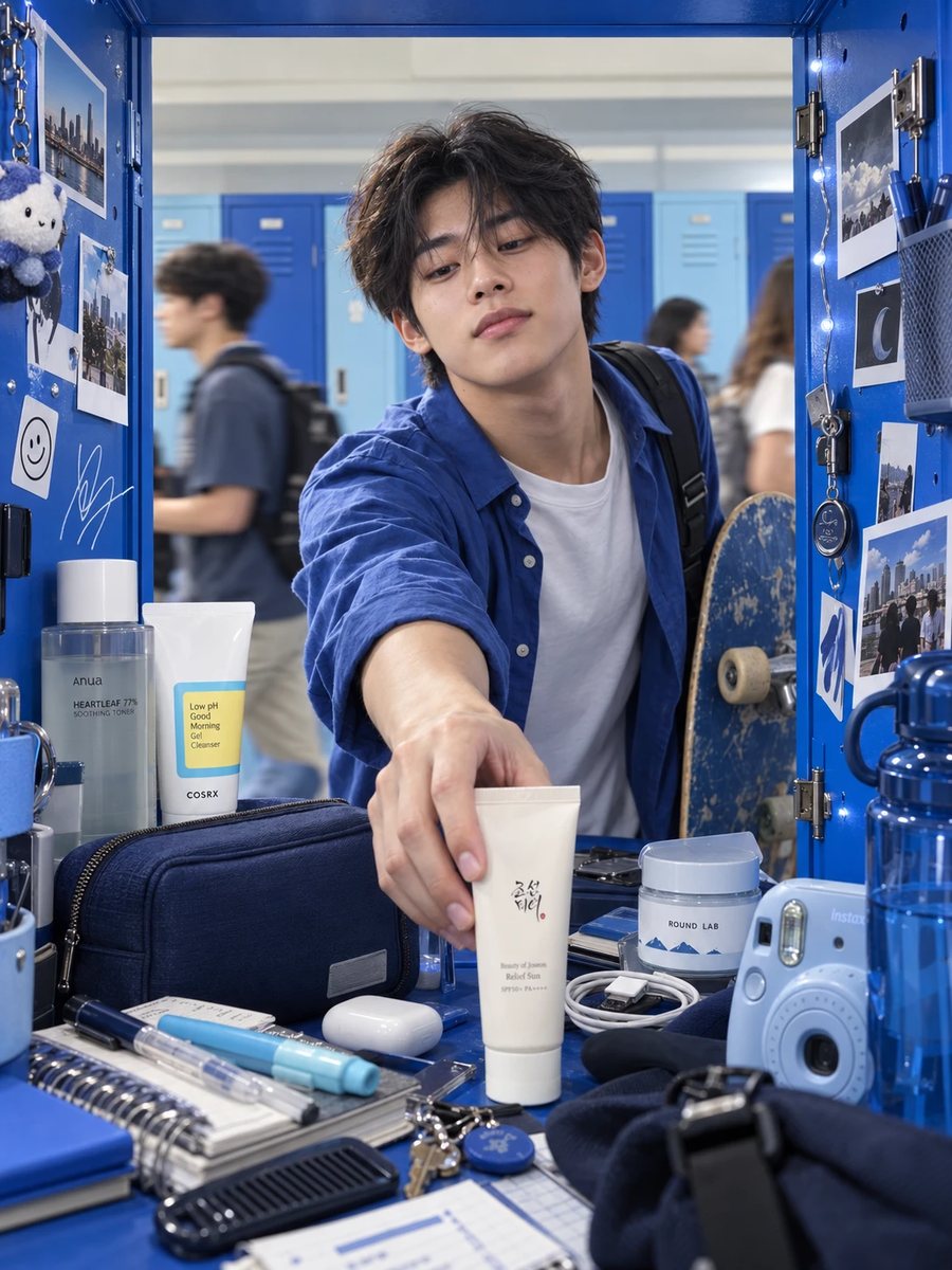 Student reaching for his sunscreen in a locker full of skincare