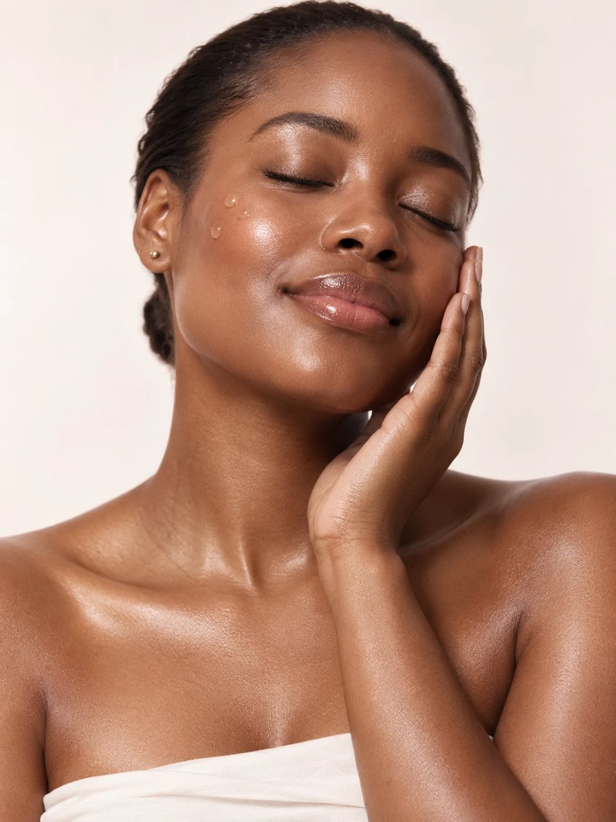 Woman with dewy skin resting her hand on her cheek, serum drops on her cheekbone