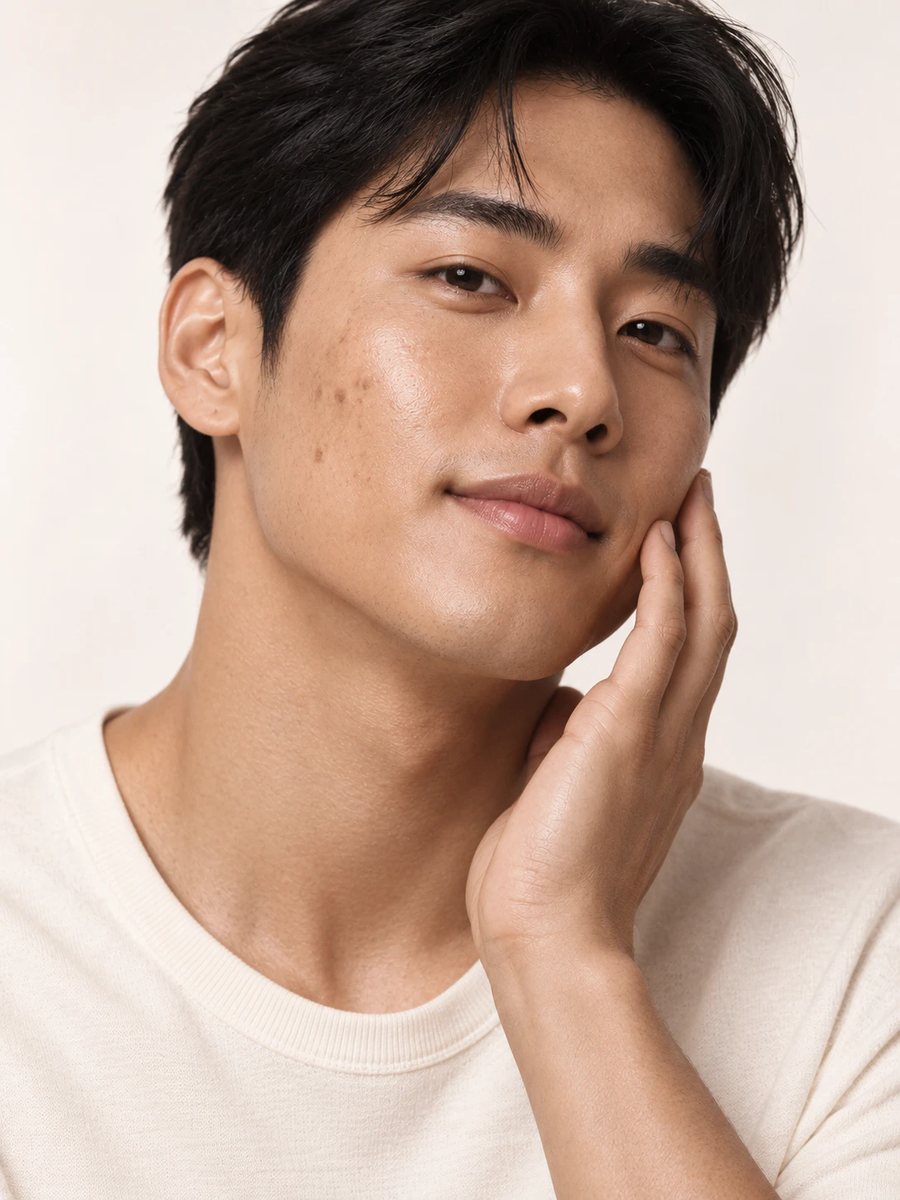 Young man with a calm expression, his hand resting against his jaw