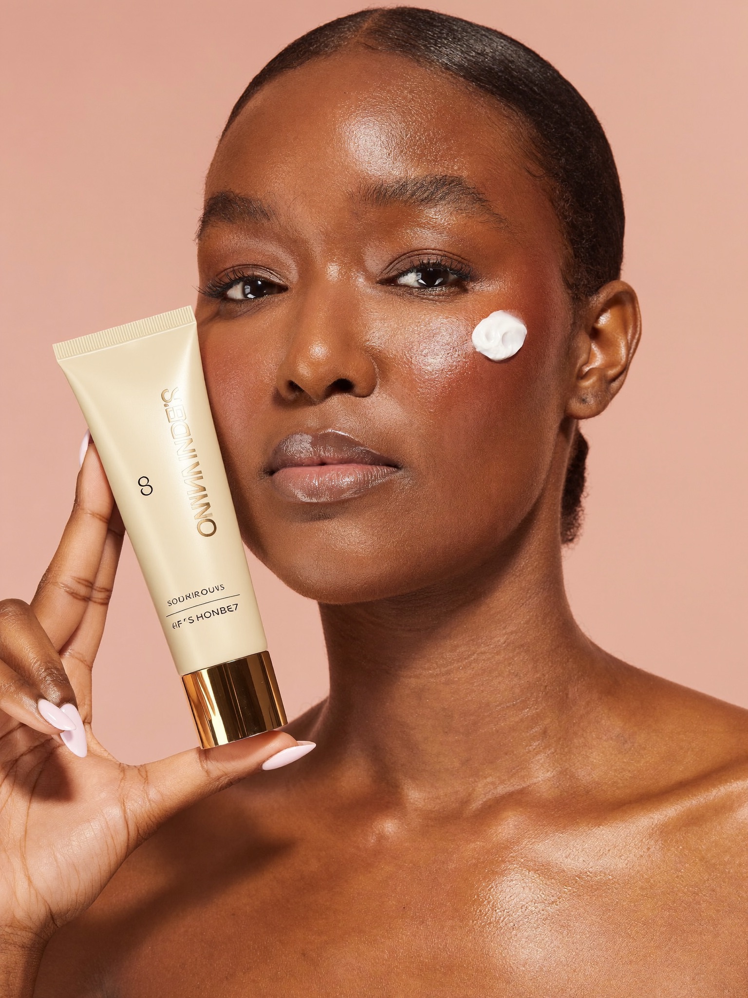 Woman with a cream swatch on her cheekbone