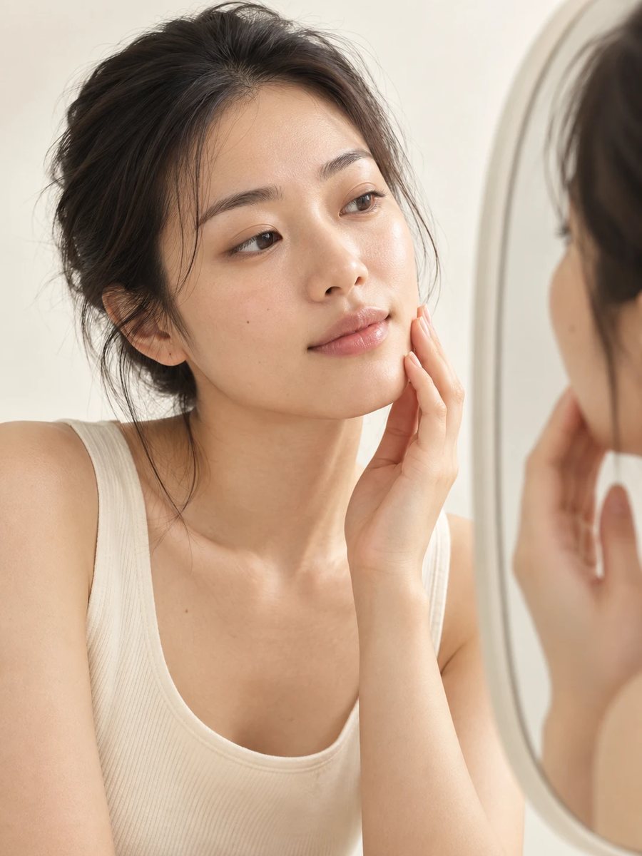 Woman checking her skin in a mirror in the morning