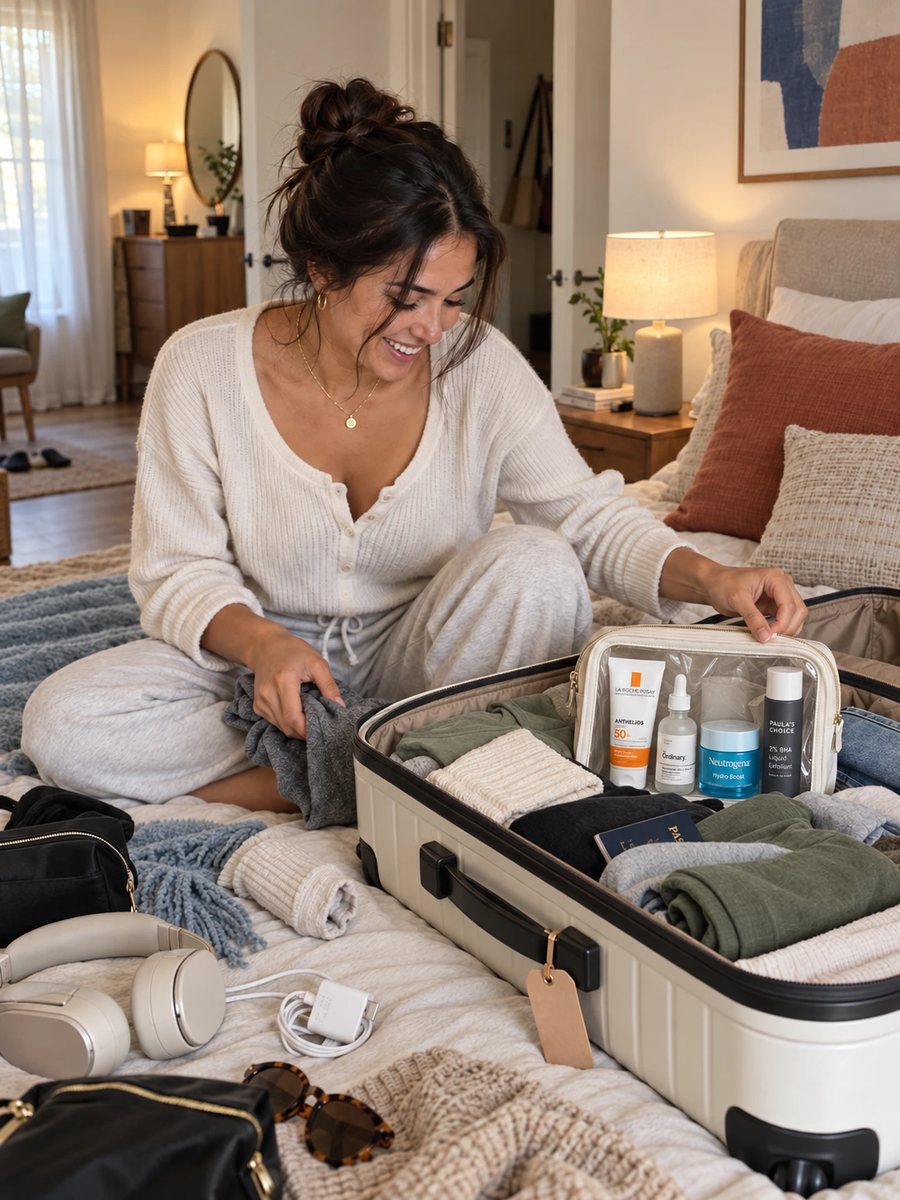 Woman packing her skincare pouch into a suitcase