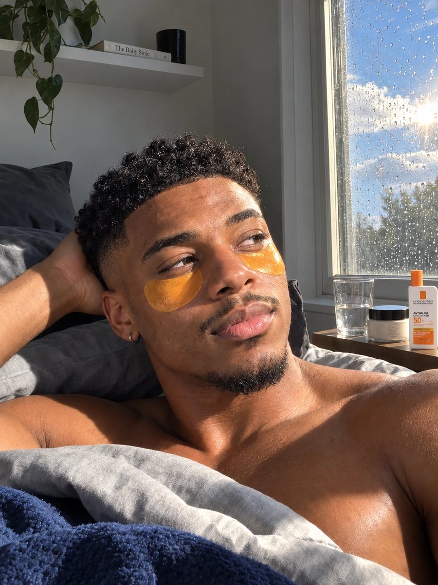Man in eye patches resting, sun and rain at the window behind him