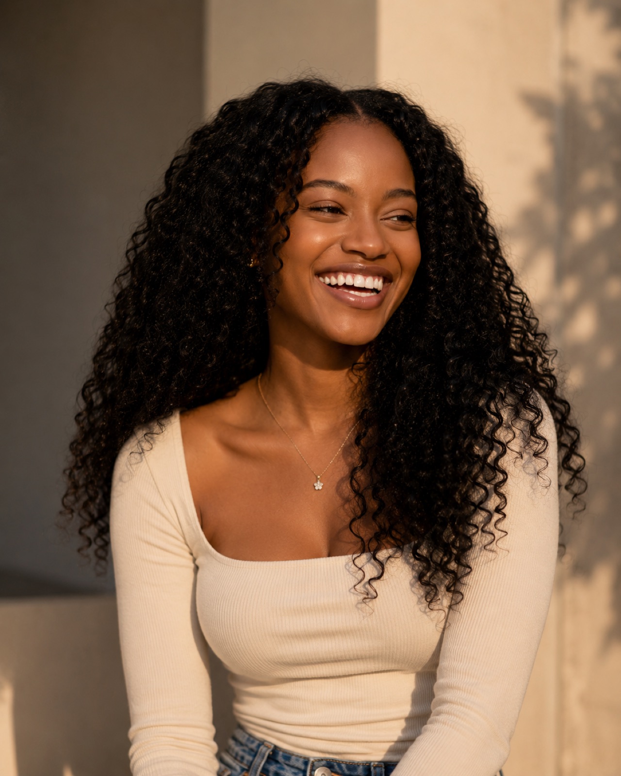 Smiling woman with glowing skin in warm golden light