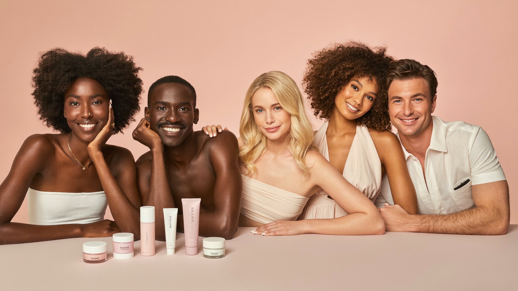Five people of different skin tones with glowing skin behind a table of Cherise skincare products