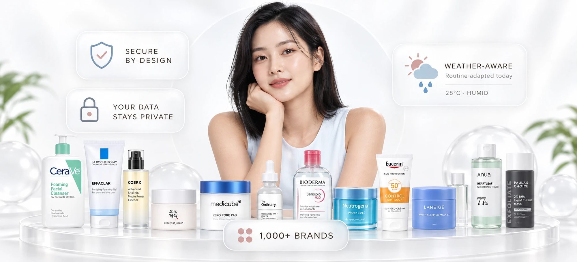 A wide shelf of skincare from CeraVe, La Roche-Posay, COSRX, Beauty of Joseon, Medicube, The Ordinary, Bioderma, Neutrogena, Eucerin, Laneige, Anua and Paula's Choice, with a woman resting beside it
