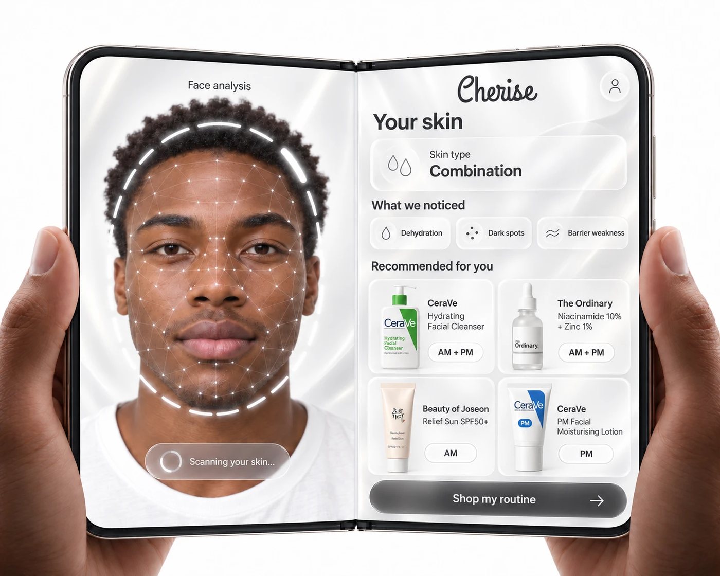 Chérie mapping a face during the free skin analysis