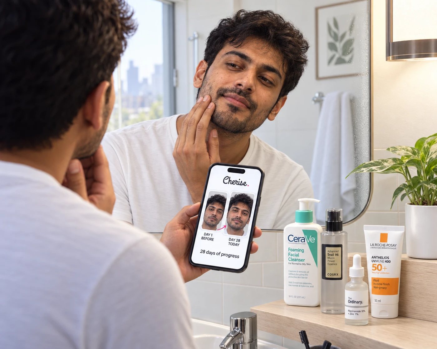 Man comparing his skin on day 1, day 14 and day 28 in the Cherise app