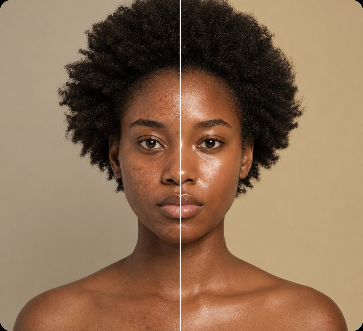 The same face before and after Cherise: dark spots and uneven texture on the left, even glowing skin on the right