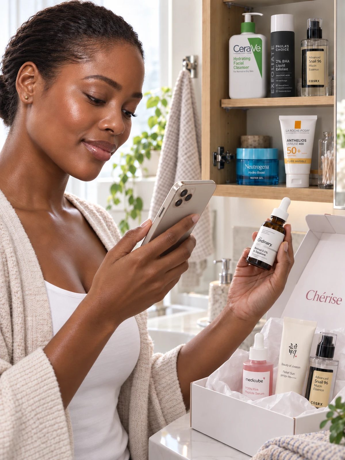 Woman adding a serum she already owns to the Cherise app, her shelf and her Cherise box beside her