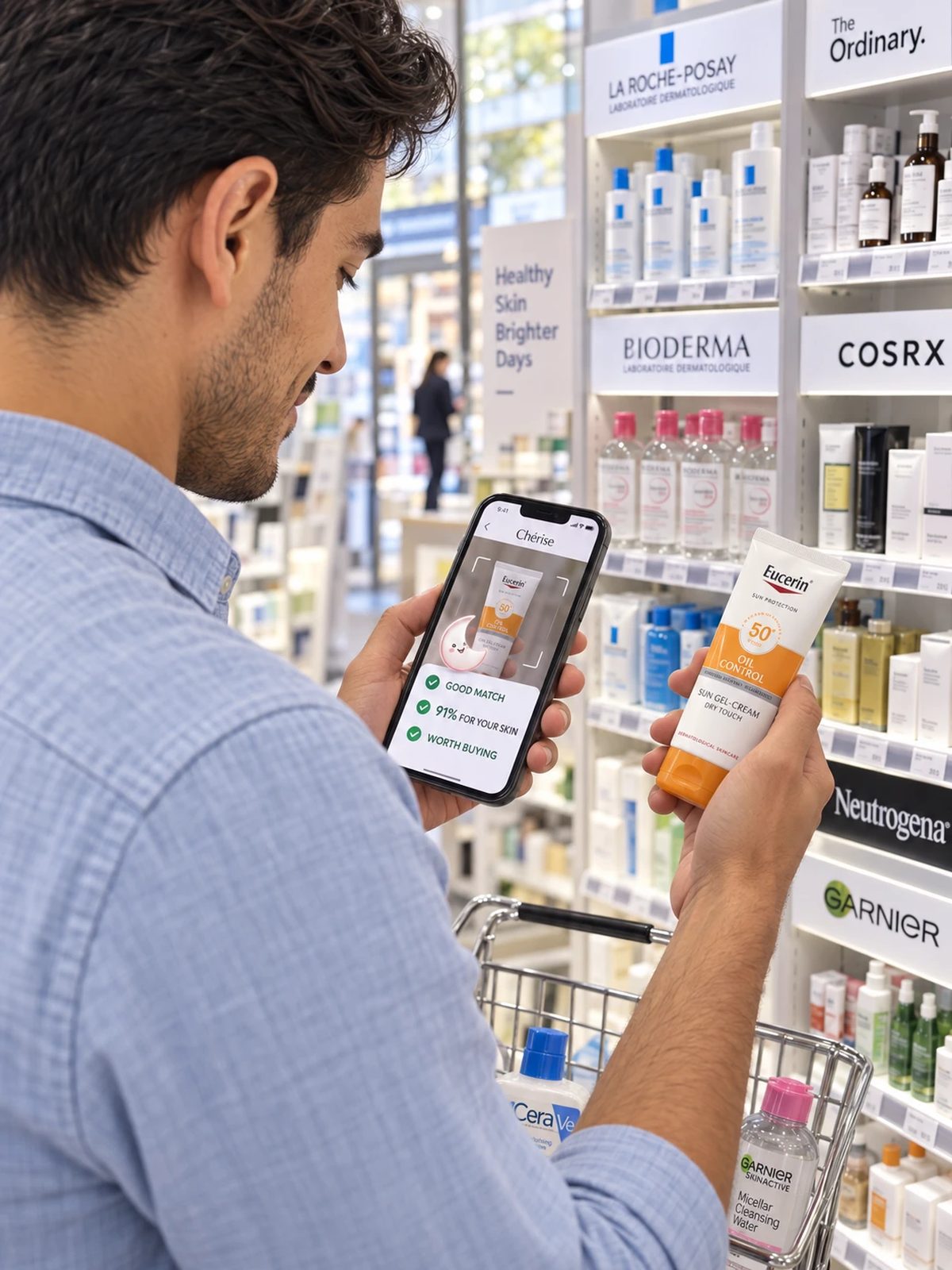 Man in a pharmacy aisle scanning a sunscreen, the Cherise app showing a 91% match for his skin
