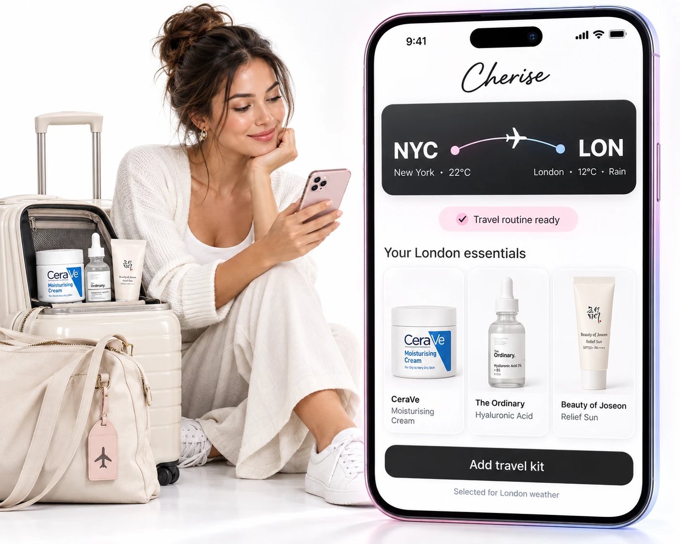 Woman packing her suitcase while the Cherise app shows her New York to London travel routine and the products to bring