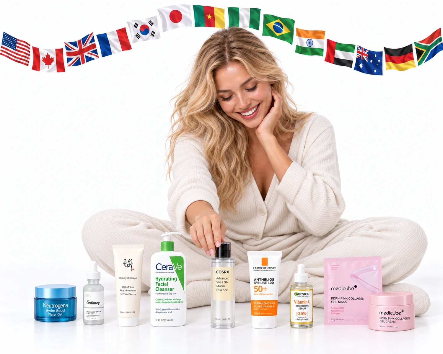 A woman sitting with skincare from Neutrogena, The Ordinary, Beauty of Joseon, CeraVe, COSRX, La Roche-Posay, Garnier and Medicube, under a garland of flags from around the world